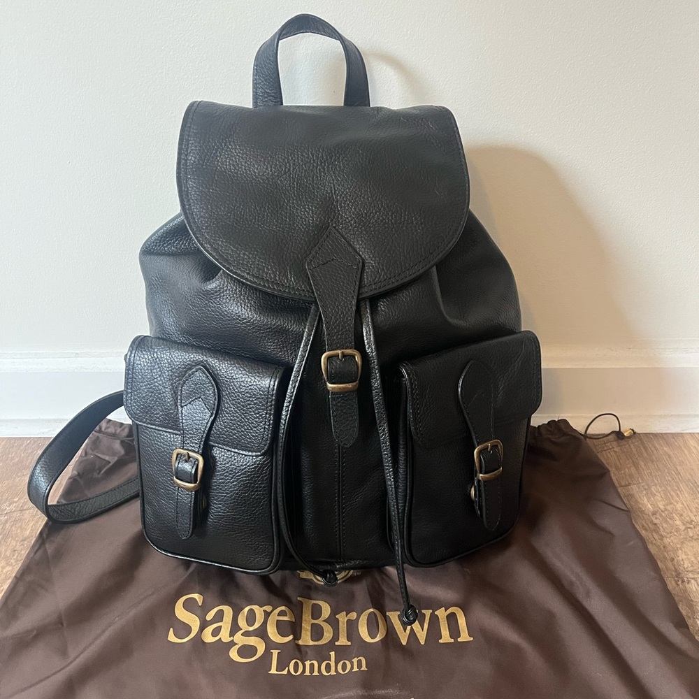 SageBrown London Medium Black Genuine Leather Backpack